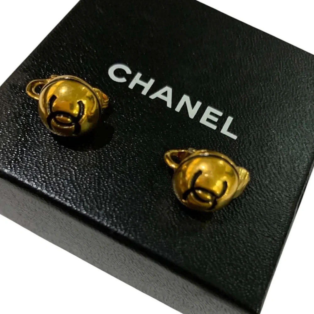 CHANEL Gold and Black CC Clip-On Earrings